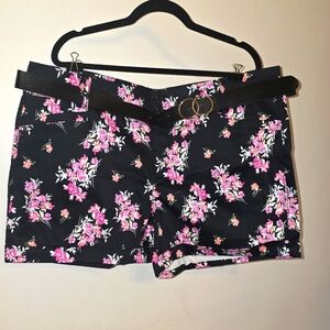 Black & Pink Floral Belted Sateen Shorts - Plus Size 22